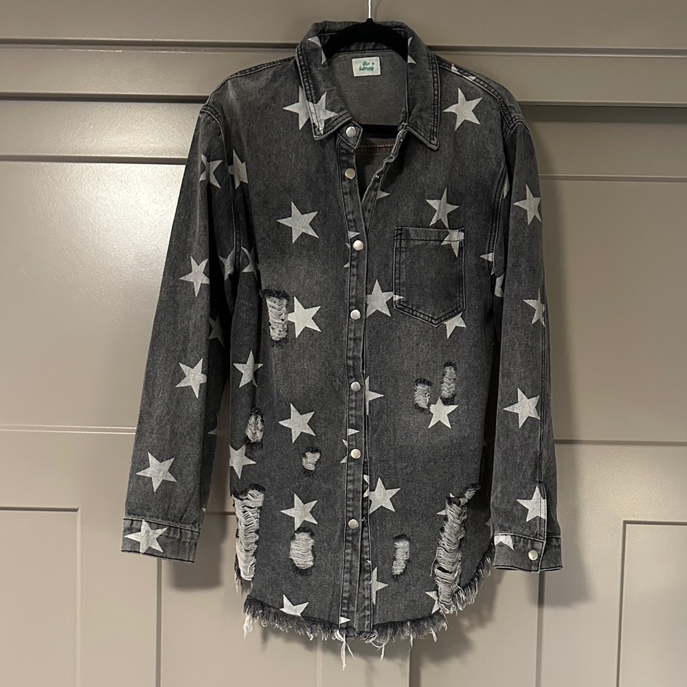 Star Patterned Distressed Denim Jacket